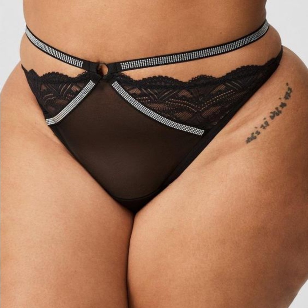 Black Lace Rhinestone Trim High-Cut Bikini Panty - Women NWT SIZE 2 Torrid 723